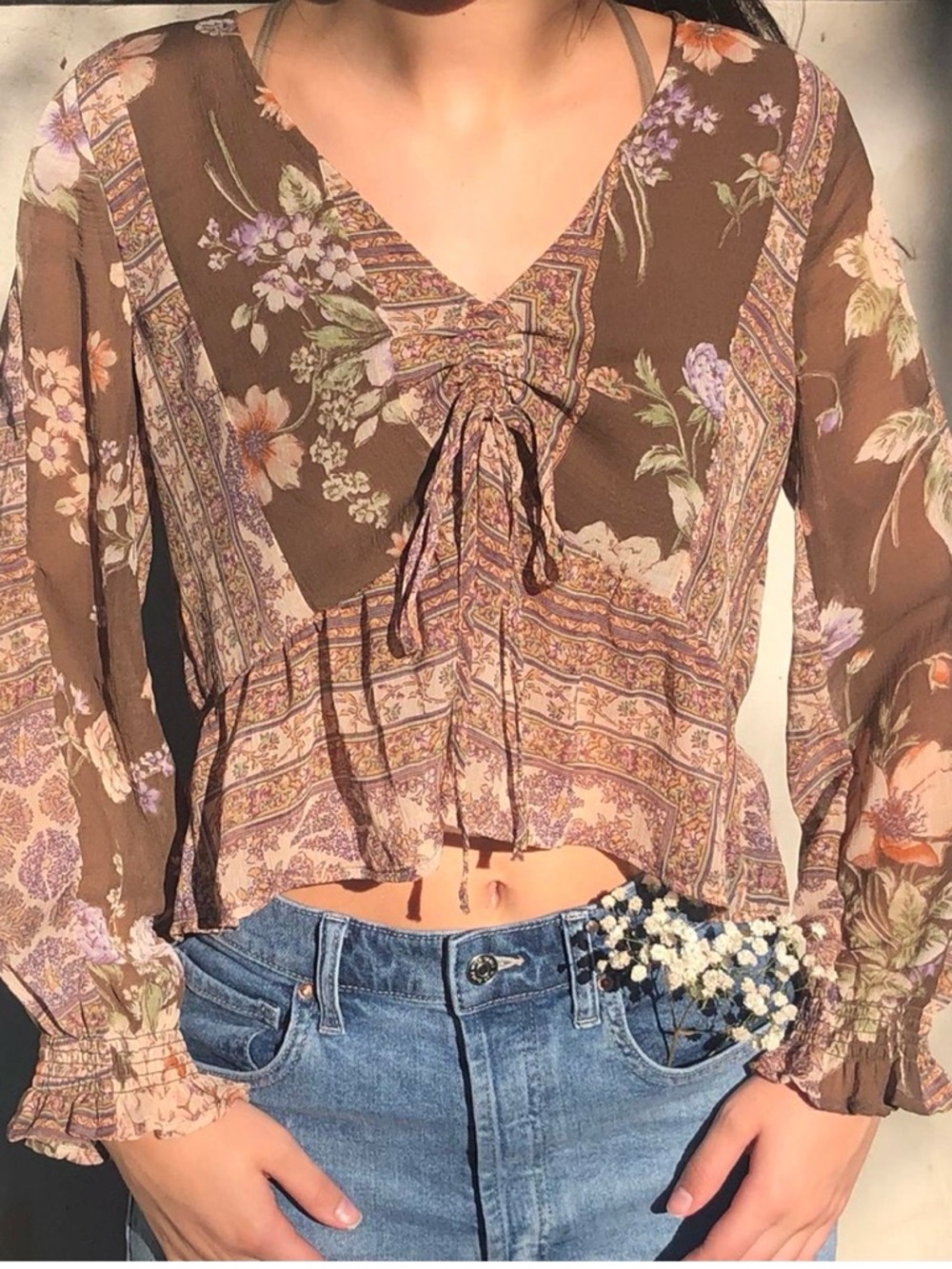 American Eagle Outfitters Brown Floral Tie-Front Peasant Blouse